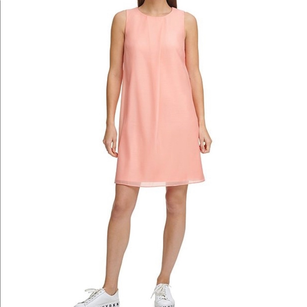 DKNY Trapeze Jewel Neck Sleeveless Chiffon Dress